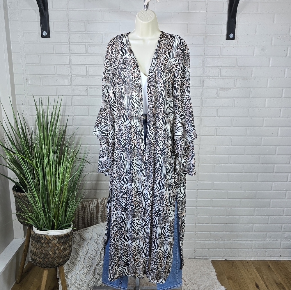 Umgee Brown Leopard Animal Print Duster Long Sleeve Kimono Large